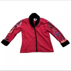 Storybook Knits Red Knit Cardigan L Sweater Faux Fur Trim Christmas Embroidery